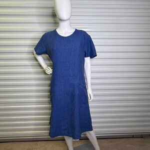 Flax by Jeanne Engelhart Blue Womens S Midi 100% Linen Short Sleeve Dress